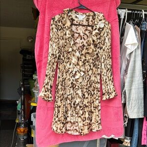 Allison Taylor Leopard Print Ruffle Front Long Sleeve Top in Brown and Cream